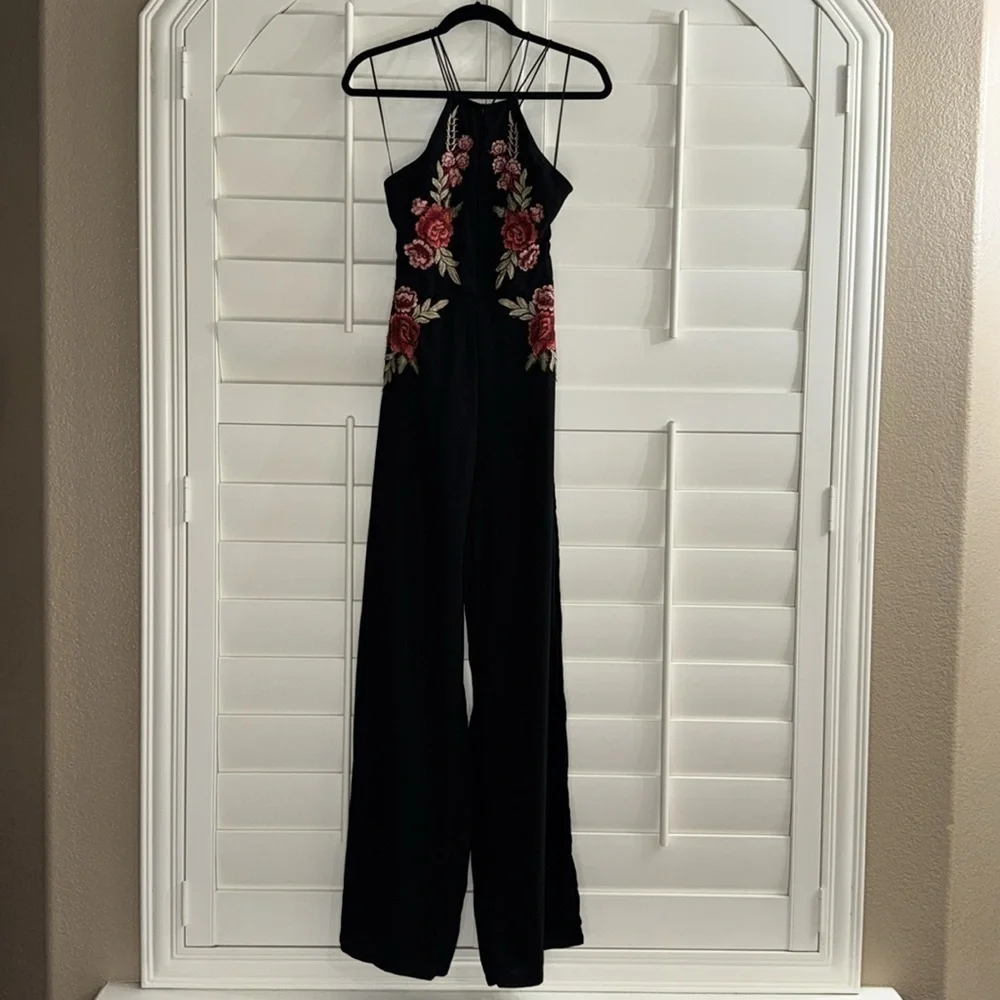 Luxxel Floral Embroidered Black Jumpsuit